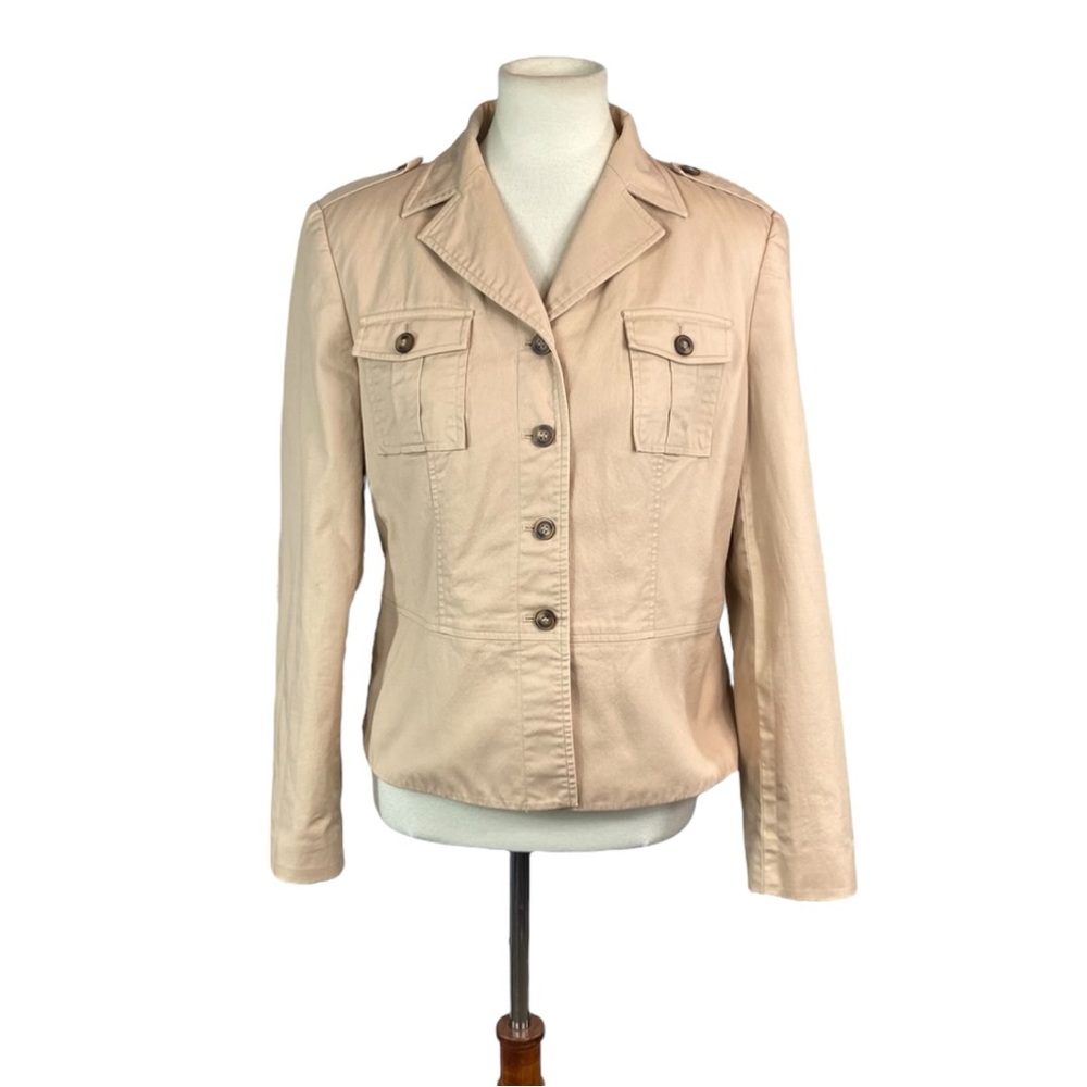 Woman’s Apostrophe khaki color utility breast pocket blazer jacket size 14